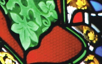 Detail of stained glass window in Asbury Hall, Babeville